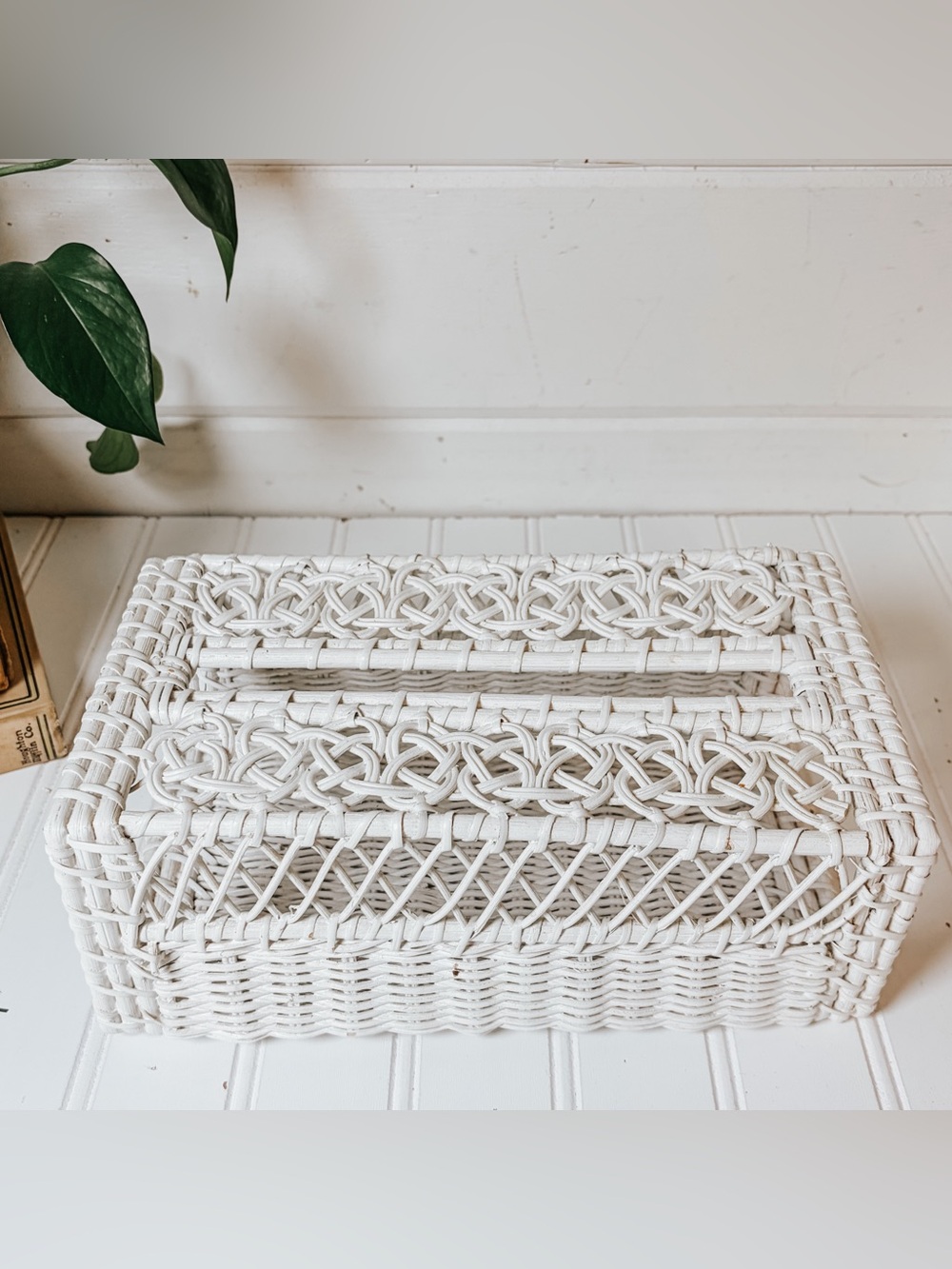 Vintage White Wicker Rattan Tissue Box Cover